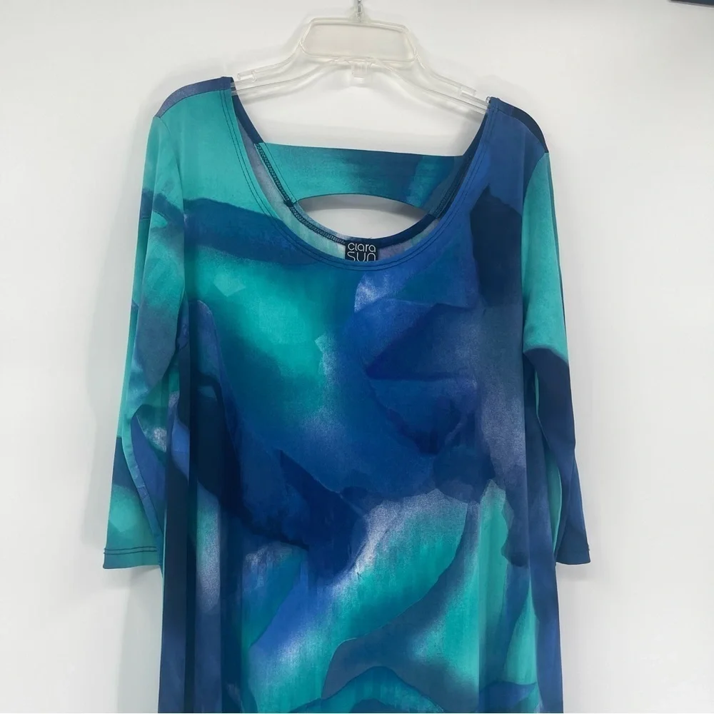 Clara Sun Woo Tie Dye  Asymmetric Hem Blouse Blue Green Size Small Tunic - Picture 2 of 9